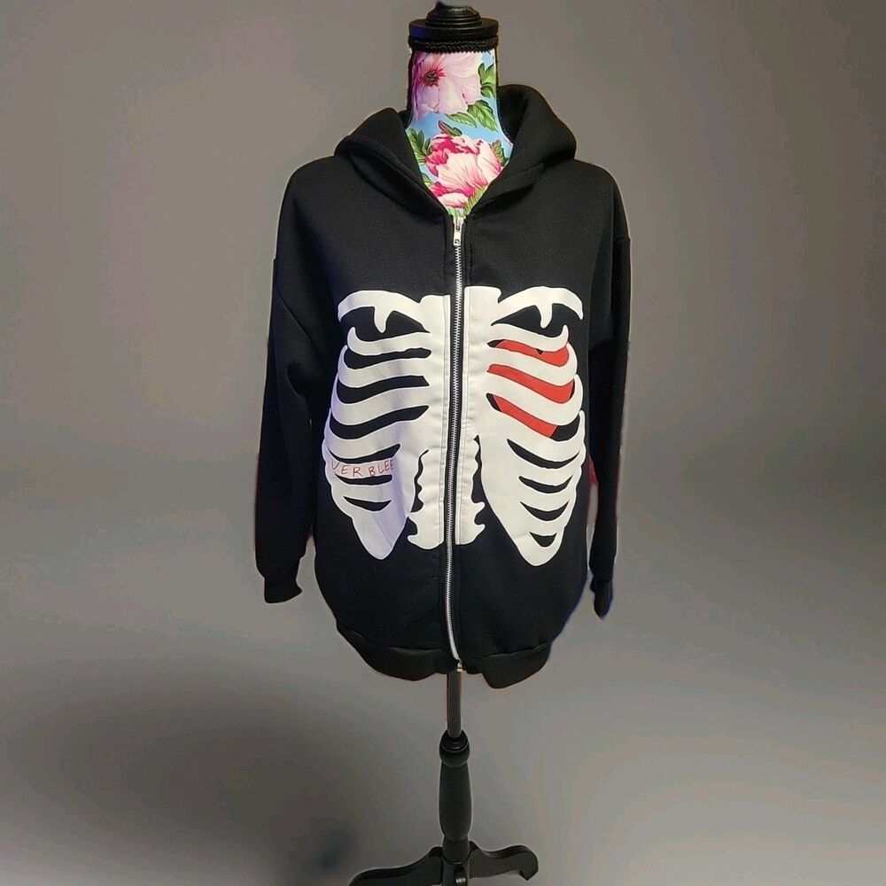 Very Blee Skeleton Ribcage Zip Hoodie Black Red Graphic Goth Streetwear Small
